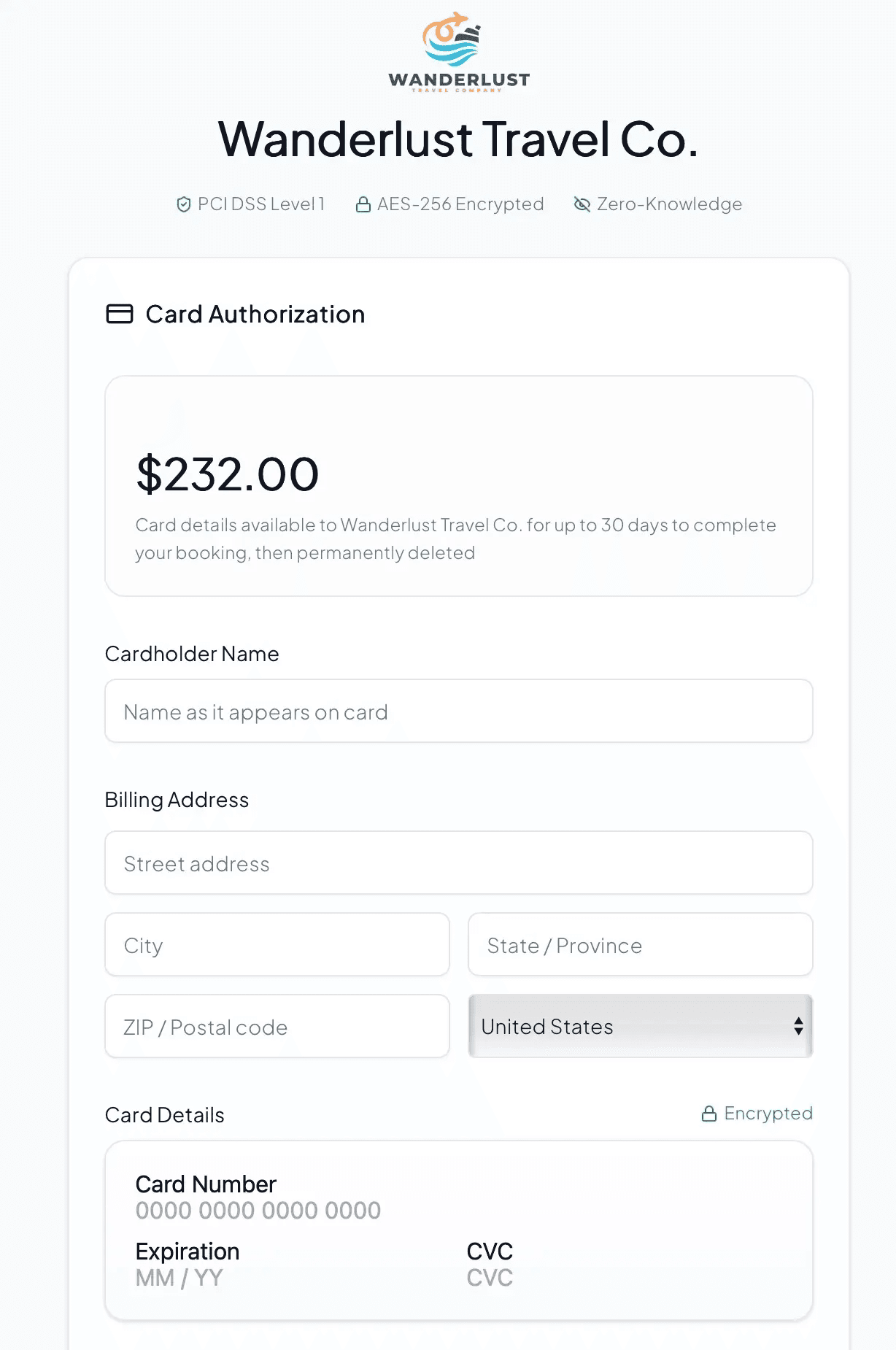 Branded card authorization form with PCI compliance badges, AES-256 encryption, and secure payment collection