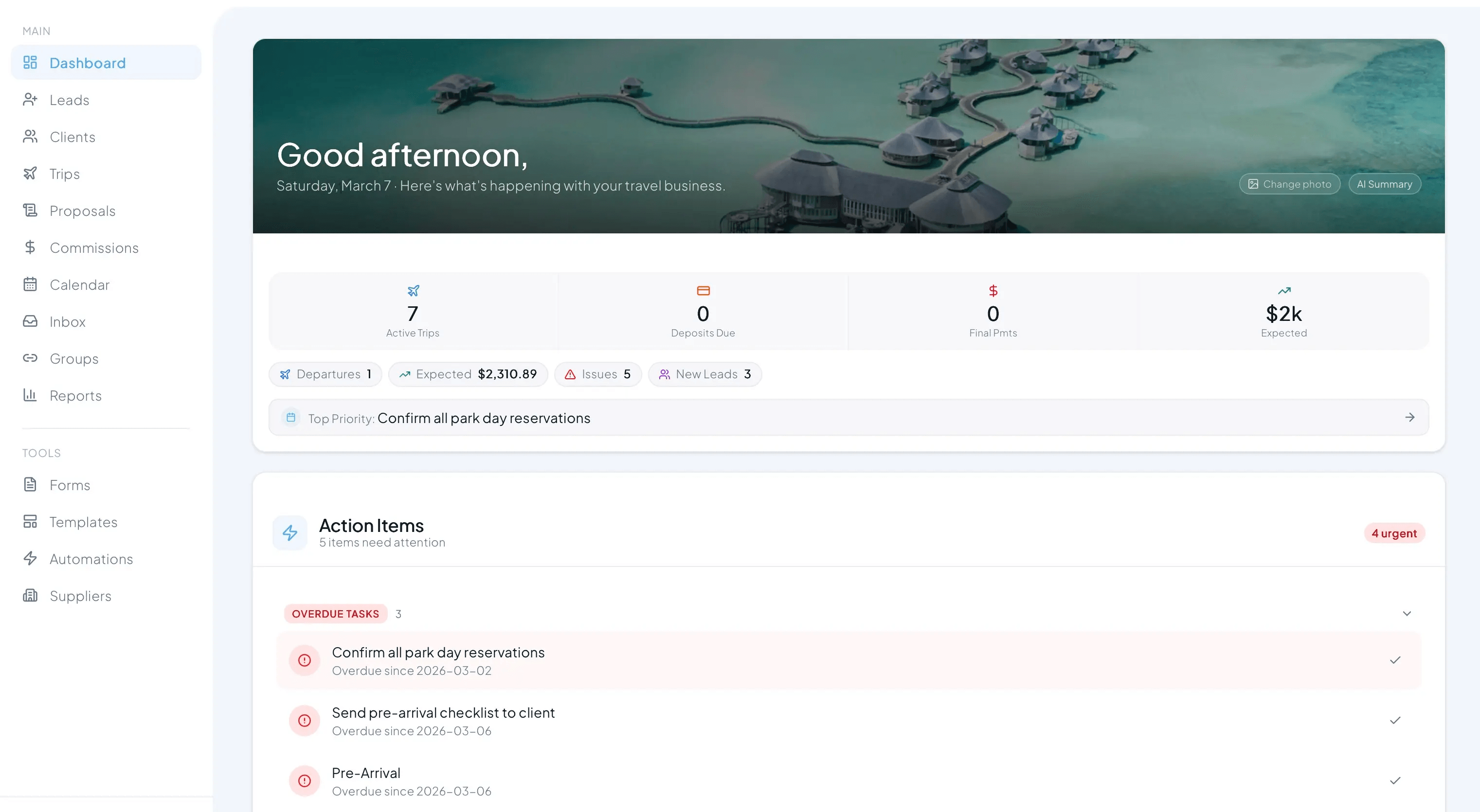 JourneyFuse dashboard showing operations, trips, commissions, and actions for a travel agency