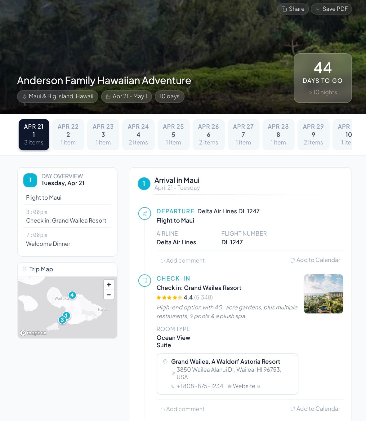 Day-by-day itinerary for a 10-day Hawaiian adventure showing day overview, flight details, hotel check-in at Grand Wailea Resort, trip map, and detailed activity cards